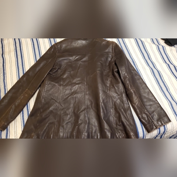 Coach dark chocolate brown leather coat. - Picture 3 of 11